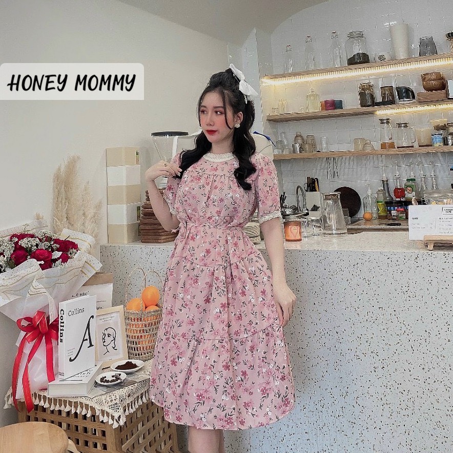 Váy Bầu Voan Hoa Nhí Cổ Ren Kèm Dây Buộc HD2835 Honey Mommy Đầm Bầu Hè Ngắn Tay Công Sở Đi Chơi
