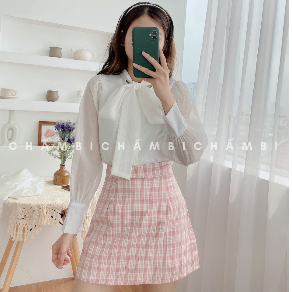 Áo Sơ Mi Voan Cổ Nơ To Bản Hàng Cúc Ngọc Siêu Xinh Freesize<52Kg - A.165 | BigBuy360 - bigbuy360.vn