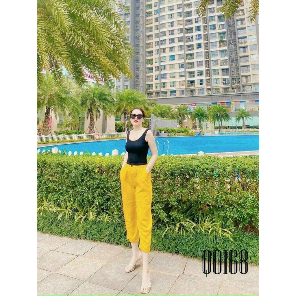 Quần baggy nữ phom rộng cạp chun đính khuy chất đũi 3 màu