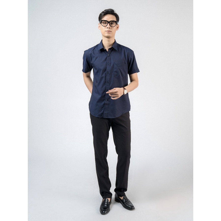Áo sơ mi nam ngắn tay OWEN AR220133NT somi công sở vải sợi tre cao cấp màu navy slub dáng suông tà lượn có túi