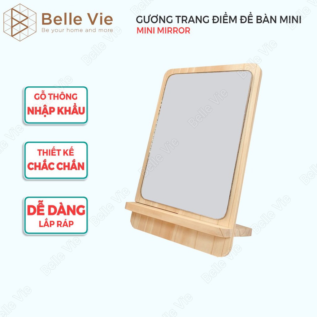 Gương Soi Trang Điểm BELLEVIE Gương Di Động Gương Để Bàn Khung Gỗ Thông Tự Nhiên