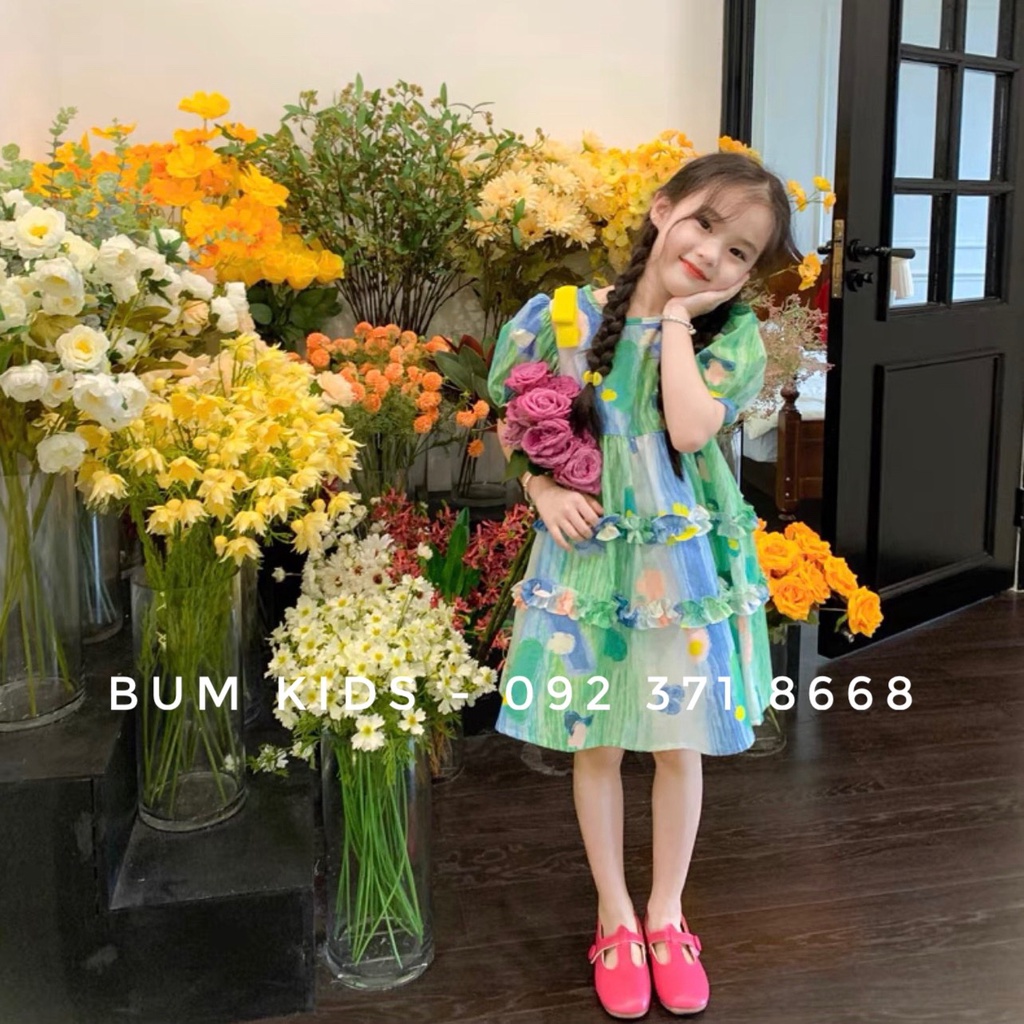 Váy hoa xanh đính nơ vàng điệu đà cho bé gái từ 8-35kg cao cấp G20