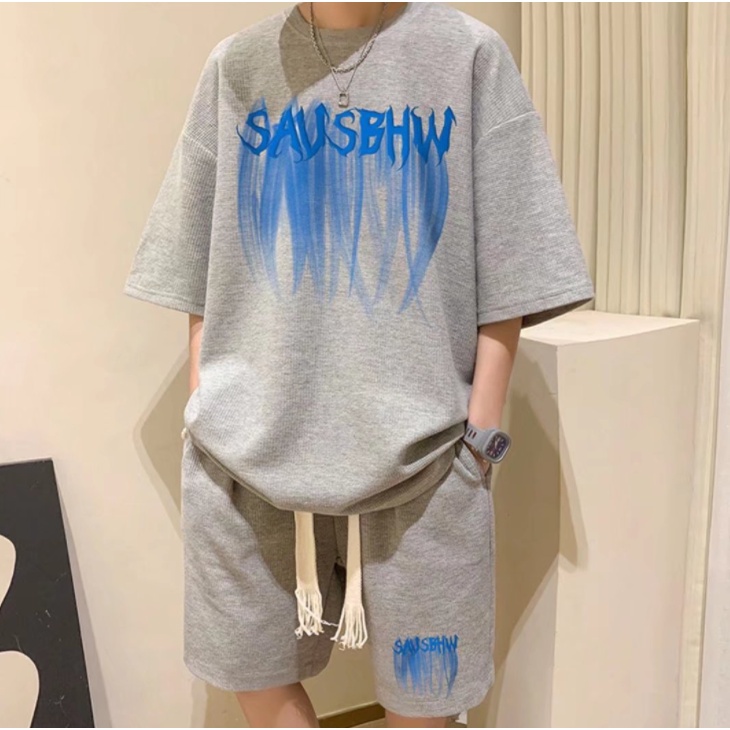 Bộ Quần Áo Nam Ngắn Tay Phối Dây Rút In Họa Tiết Phong Cách Hàn Quốc Thời Trang Cho Áo Thun Unisex Bigsize Fashion Simple Quần Đùi Nam