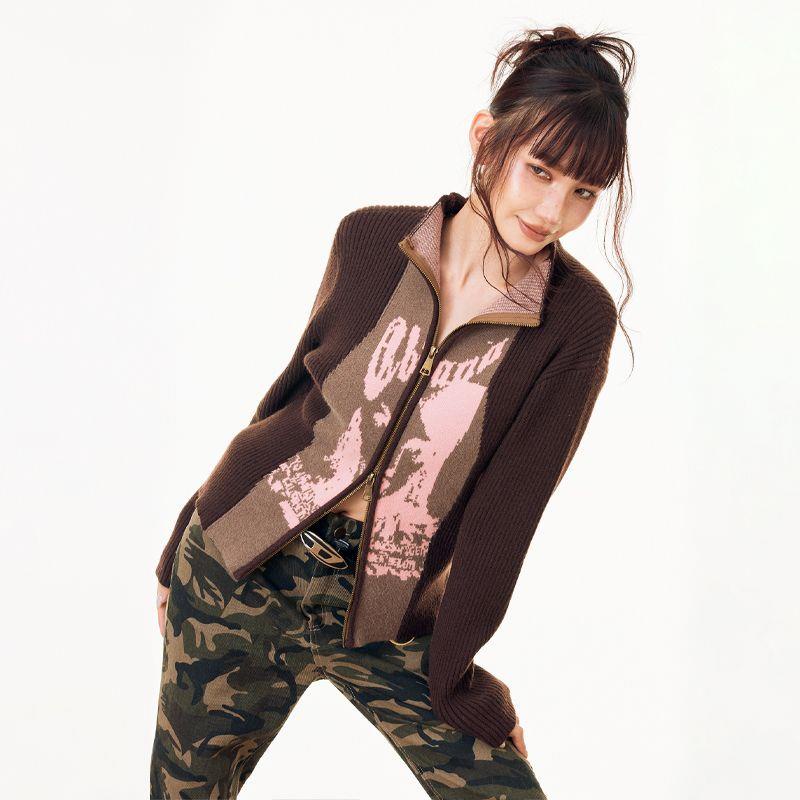 Cbiana Áo Khoác Cardigan Dệt Kim Mỏng Hai Dây Khóa Kéo Mặt Cười Retro Mỹ