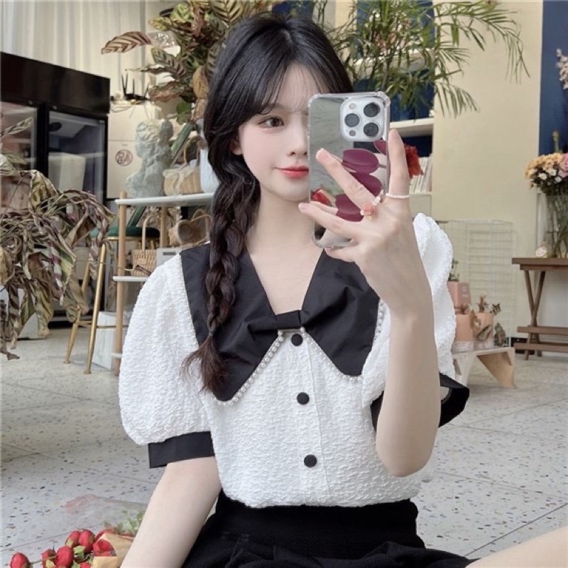 Áo Sơ Mi Đũi Xốp Nhăn Cổ Nơ Viền Ngọc Cực Xinh