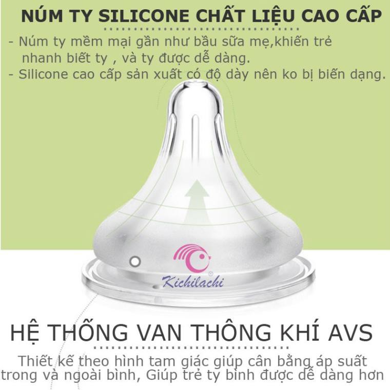Bình Sữa Kichilachi Cổ Hẹp Quai Cầm  PPSU Núm Vú Silicone Siêu Mềm, Chống Sặc Và Chống Đầy Hơi Cho Bé 140ml/200ML
