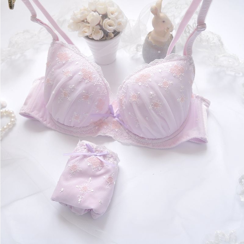 Mới Set Áo Lót Nâng Ngực & Quần Lót Nữ Thêu Hoa Phong Cách Nhật Bản