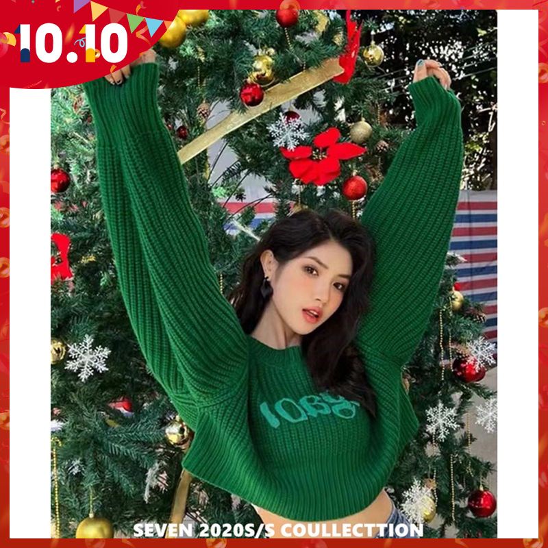 Green chic short-style high-waisted sweater women's winter loose lazy style fashion top design sense niche 2021 new style