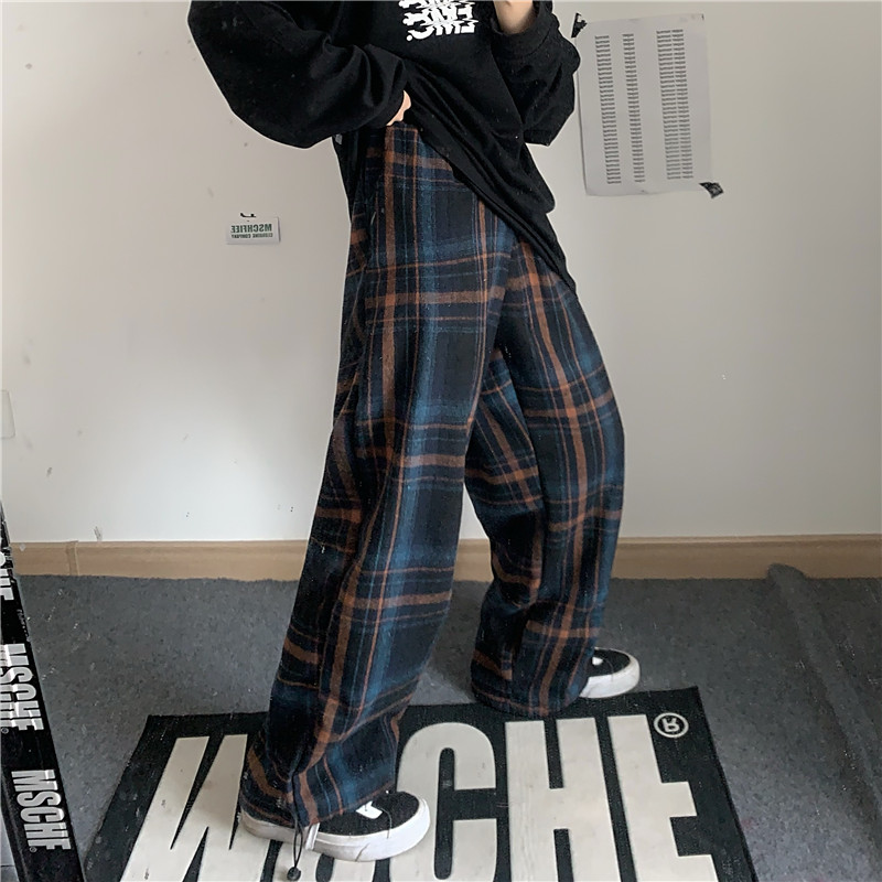 Quần Len Dài Ống Rộng Họa Tiết Sọc Caro Thời Trang
