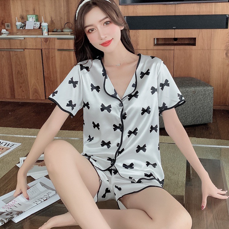 Bộ Đồ Mặc Nhà Pijama Quảng Châu cao cấp mẫu 2021 Nơ xinh xắn, thoáng mát mềm mịn quần đùi lụa Latin