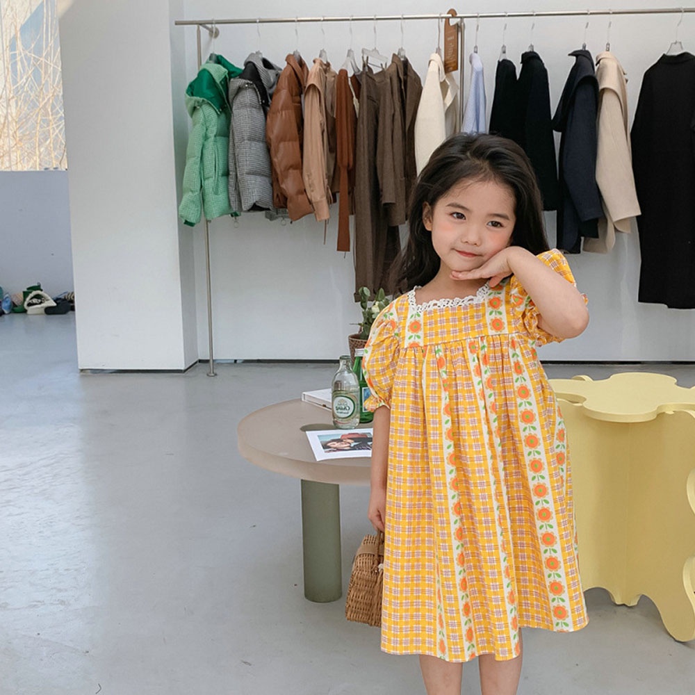 Đầm công chúa BEAR LEADER AZ2763 cổ vuông phối ren kẻ sọc in hoa thời trang hè năm 2022 cho bé gái