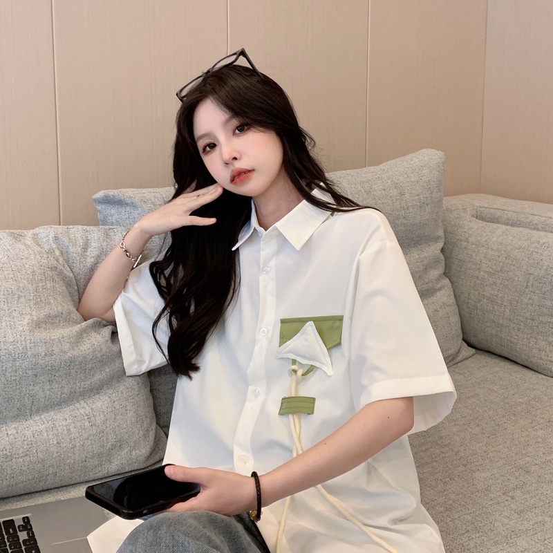 Áo sơ mi ZHELIHANGFEI tay ngắn dáng rộng theo phong cách preppy độc đáo/dễ phối đồ