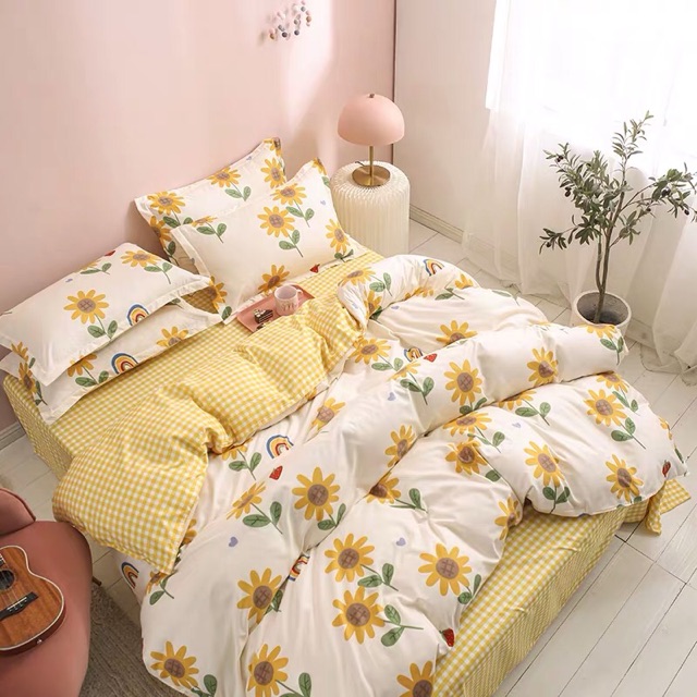 Set Chăn Ga Cotton Poly Hoa Hướng Dương Ga Kẻ Ô Vuông Vàng Mát Bền Cực Độc Shinbedding.shop