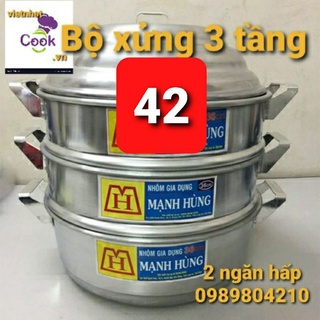 Bộ xửng hấp nhôm Mạnh Hùng 3 tầng size 42,bộ xửng hấp bánh 3 tầng ,xửng hấp bánh bao,rau,hải sản