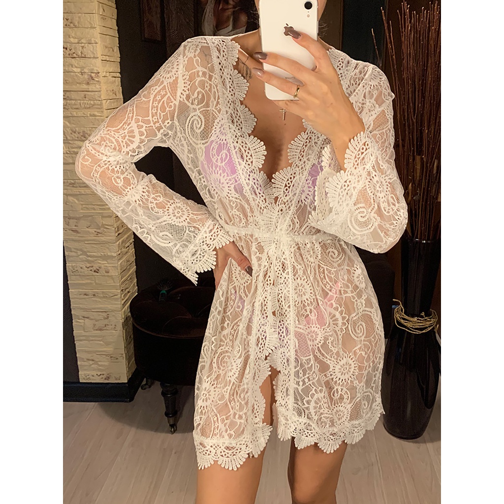 Áo Khoác Ngoài Đồ Bơi Đi Biển Phối Ren Màu Trắng Quyến Rũ Thời Trang Cho Nữ