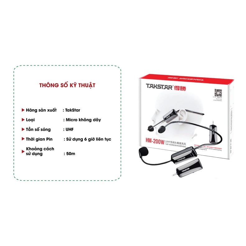 Micro Không Dây TAKSTAR HM-200W - Đeo Tai Sử Dụng Sóng UHF Cao Cấp, Hỗ Trợ Đeo Tai Trợ Giảng ,Học Từ Xa Online