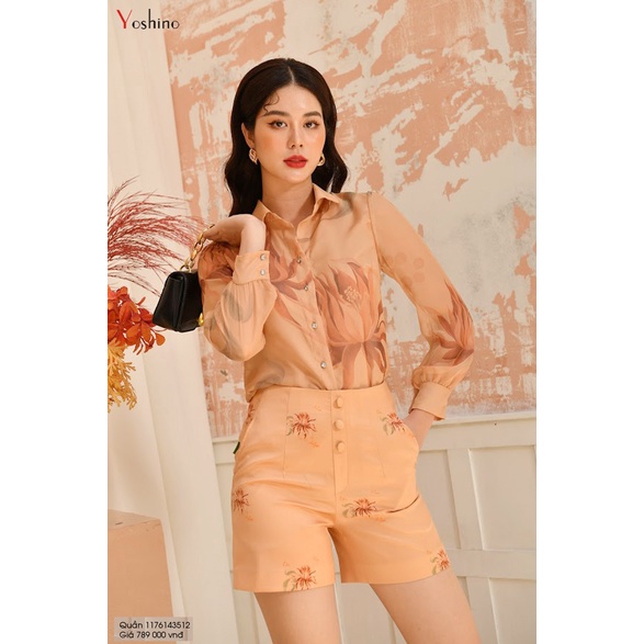 Quần Short Nữ YOSHINO Sooc Thiết Kế In Hoa Quỳnh Nền Be Đậm, Chất Lụa Mềm Mại, Thoải Mái 1176143512