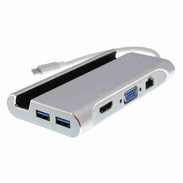 Cáp chuyển USB Type-C ra HDMI, VGA, Ethernet, AUX, USB 3.0 L1037 - có khay giữ điện thoại