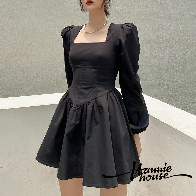 Đầm cổ vuông màu đen phong cách Pháp thời trang cho nữ