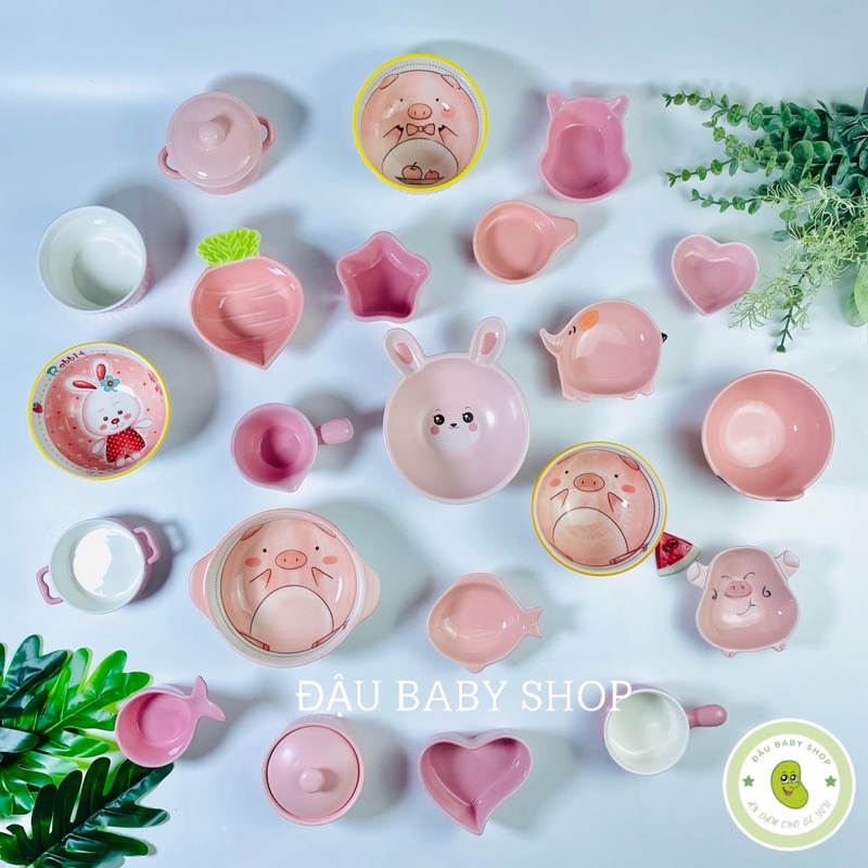 Bát ăn dặm gốm sứ, bát ăn dặm màu hồng cho bé