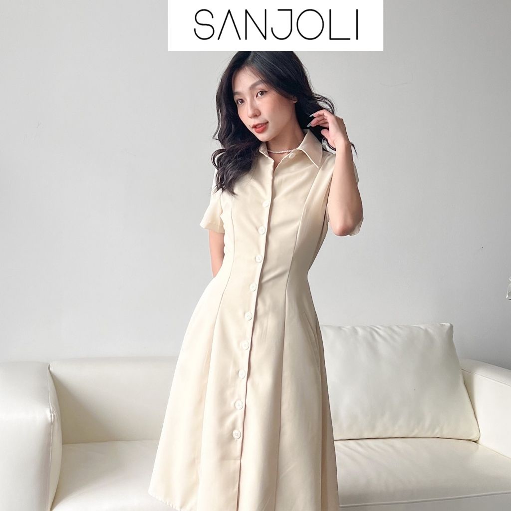 Váy sơ mi maxi Sanjoli dáng dài xòe tay ngắn có hàng nút phong cách hàn quốc vintage VD033