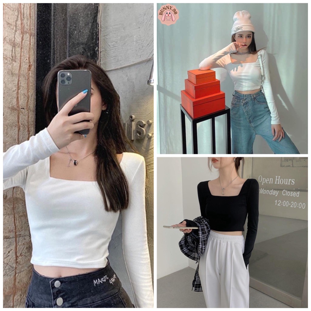 Áo Croptop Nữ Cổ Vuông Tay Dài Chất Cotton Co Dãn,Áo Thun Tay Dài Màu Trơn Dáng Ngắn Kiểu Ôm Sexy