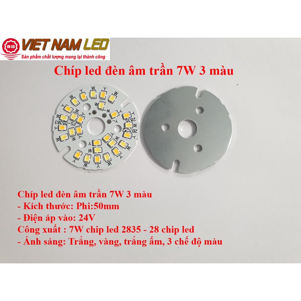 Chíp led đèn âm trần 7W 3 màu, 3 chế độ màu, phi 50mm, vnled.vn