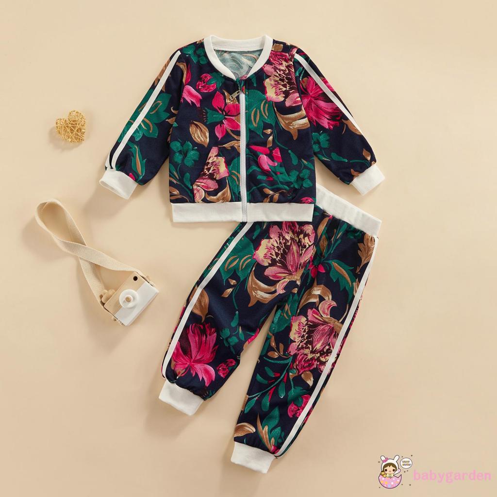 Set áo khoác tay dài cổ tròn in họa tiết hoa + quần dài thời trang mùa thu cho bé gái