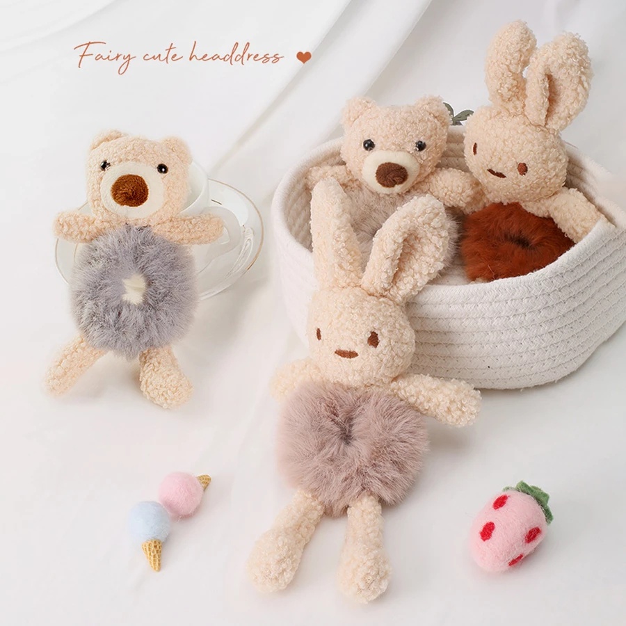 Dây cột tóc nữ co giãn phối lông thiết kế gấu/thỏ hoạt hình dễ thương