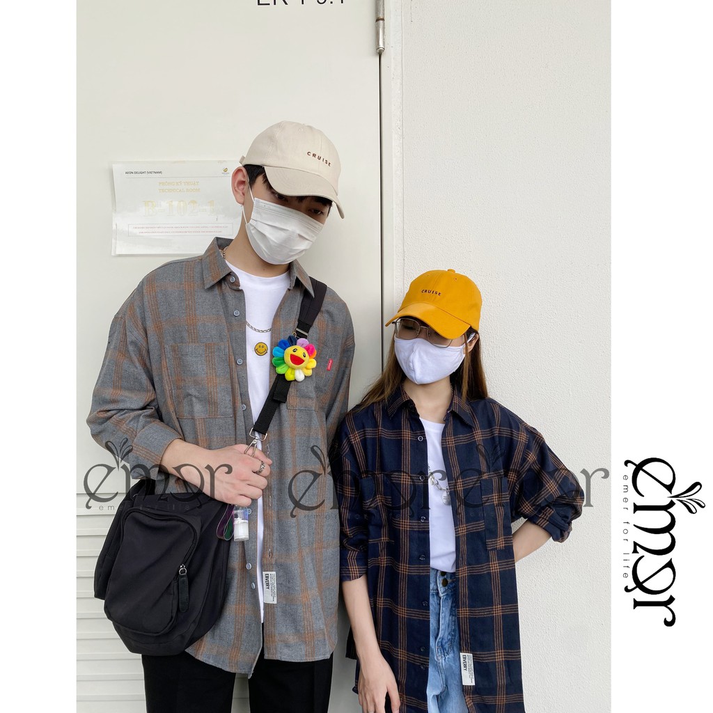 Áo Sơ Mi Nam Nữ Dài Tay Form Rộng Kẻ Sọc Caro Cổ Bẻ Unisex Oversize E'mer Phong Cách Hàn Quốc