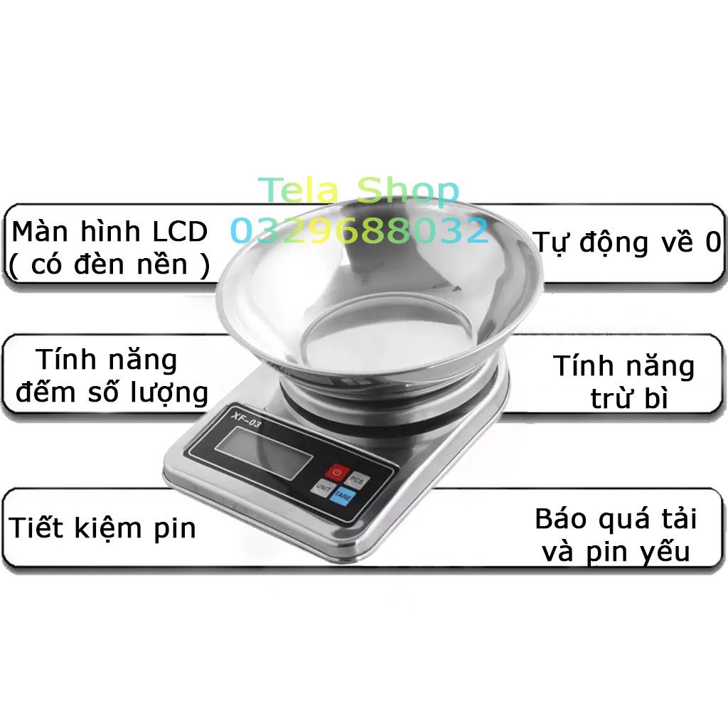 Cân tiểu ly nhà bếp 5kg 1g Inox 304 không gỉ chính xác cao tặng kèm tô chứa và pin Tela Shop