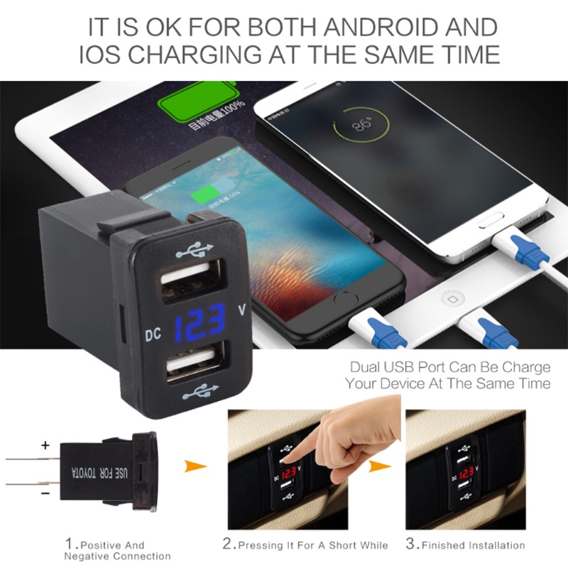 Tẩu Sạc Hai Cổng USB 40x23mm 12V Tích Hợp Đèn LED Hiển Thị Vôn Kế Cho Xe Hơi