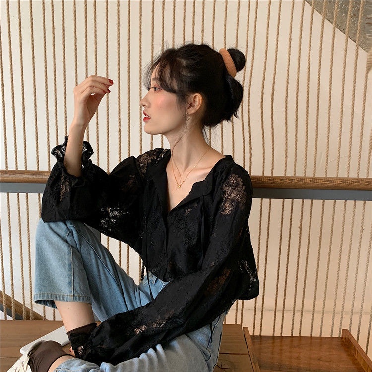 [Spot] Thời trang Hàn Quốc cá tính tất cả phù hợp với áo sơ mi tay áo ren rỗng chạm khắc đèn lồng