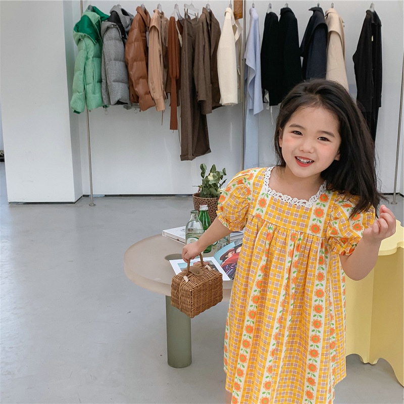 Đầm Công Chúa Cổ Vuông Họa Tiết Kẻ Sọc Và Hoa Thời Trang Mùa Hè Mới Cho Bé Gái GYLTZ378