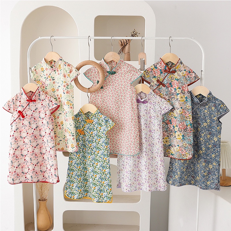 Đầm Sườn Xám Tay Ngắn Bằng Cotton Nguyên Chất Họa Tiết Hoa Dễ Thương Phong Cách Trung Hoa Cổ Điển Dành Cho Bé Gái 95-155cm
