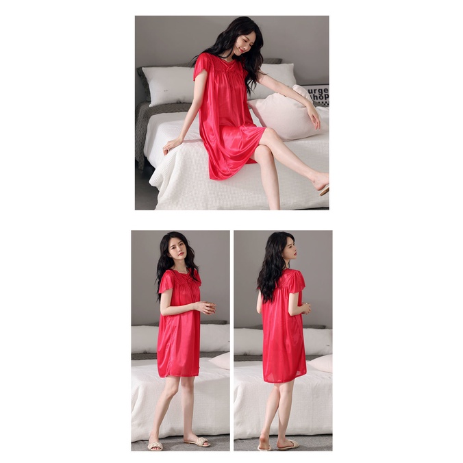 Yuanda Hàng Có Sẵn] Đầm Ngủ Lụa Lạnh Tay Ngắn Phối Ren Xuyên Thấu Gợi Cảm Size Lớn 200 Jin Cho Nữ