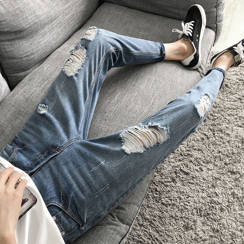 Quần Jean mảnh len của đàn ông mảnh len Damage Slim Fit Deni Pants nữ sinh nữ Hàn Quốc phiên bản quần jean mùa đông của người da đen