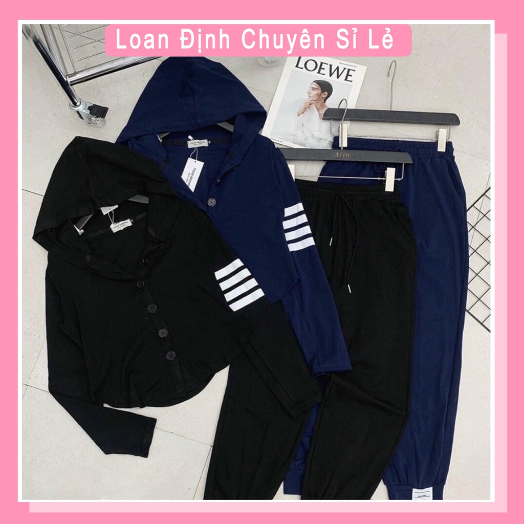 Bộ len thụng mũ vạt bầu mix quần jogger sọc thể thao đồ bộ nữ thu đông