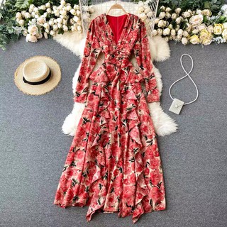 Đầm maxi hoạ tiết hoa hồng bèo cổ v tiểu thư tay dài