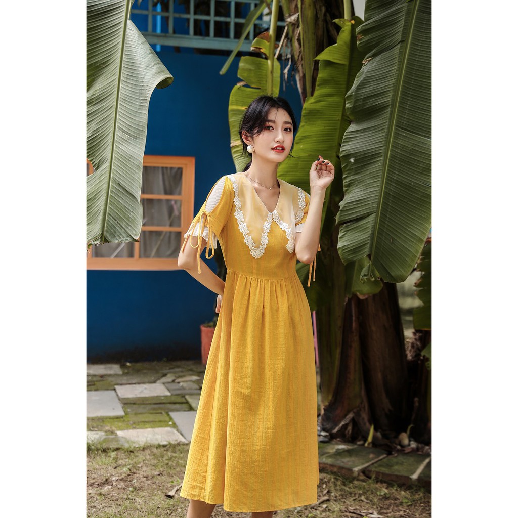 Đầm Vàng Thanh Tao Tay Cách Điệu - Thiết Kế - Hàng Cao Cấp