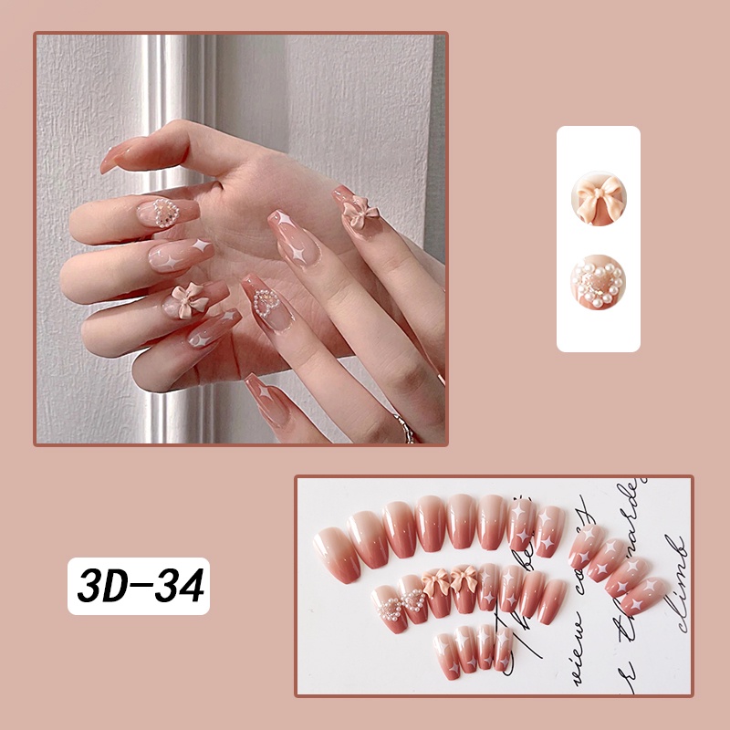 Set 24 móng tay giả thiết kế kiểu dáng 3D kèm keo dán phong cách Pháp tinh tế