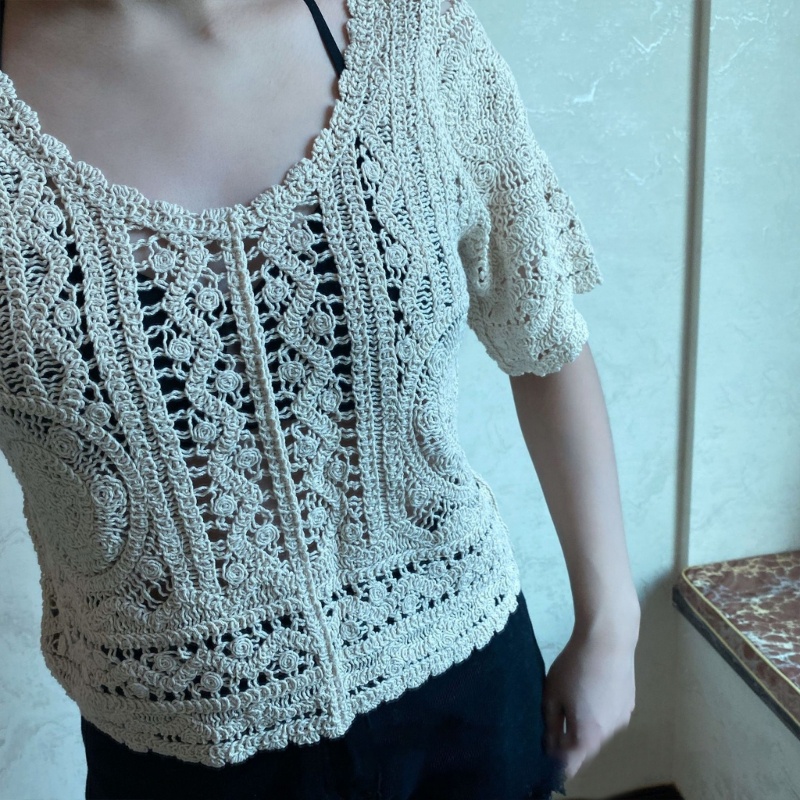 Áo Croptop Dệt Kim Tay Ngắn Cổ Tròn Thiết Kế Khoét Rỗng Thời Trang Đi Biển Cho Nữ