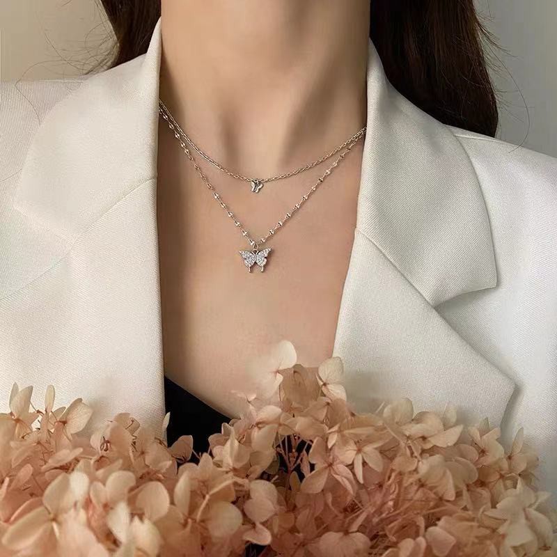 Flash Diamond Butterfly Double Necklace, For Women Simple Design Crystal Elegant Wedding Jewelry Gifts Necklaces