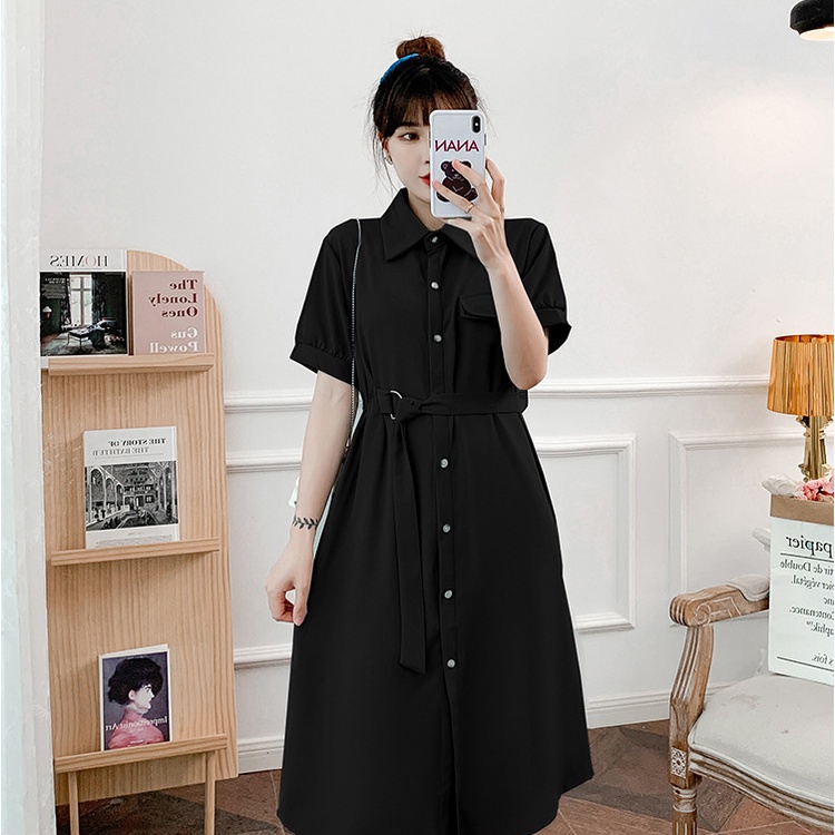 Đầm suông dáng dài cổ sơ mi dây eo, váy bầu công sở xinh xắn