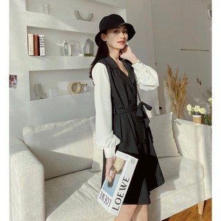 Váy cổ vest tay phối