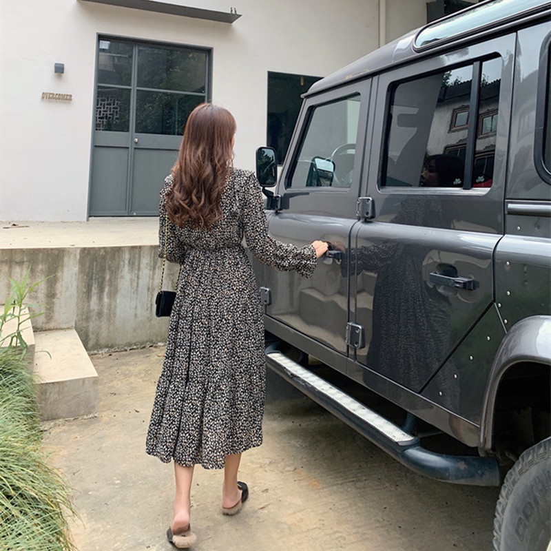 Đầm Maxi Chiffon cổ chữ V in hoa thời trang mùa thu thanh lịch