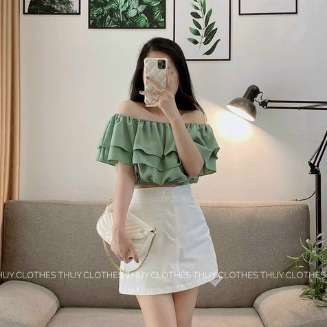 Set áo trễ vai phối bèo kèm chân váy dễ thương cho nữ đi chơi dự tiệc
