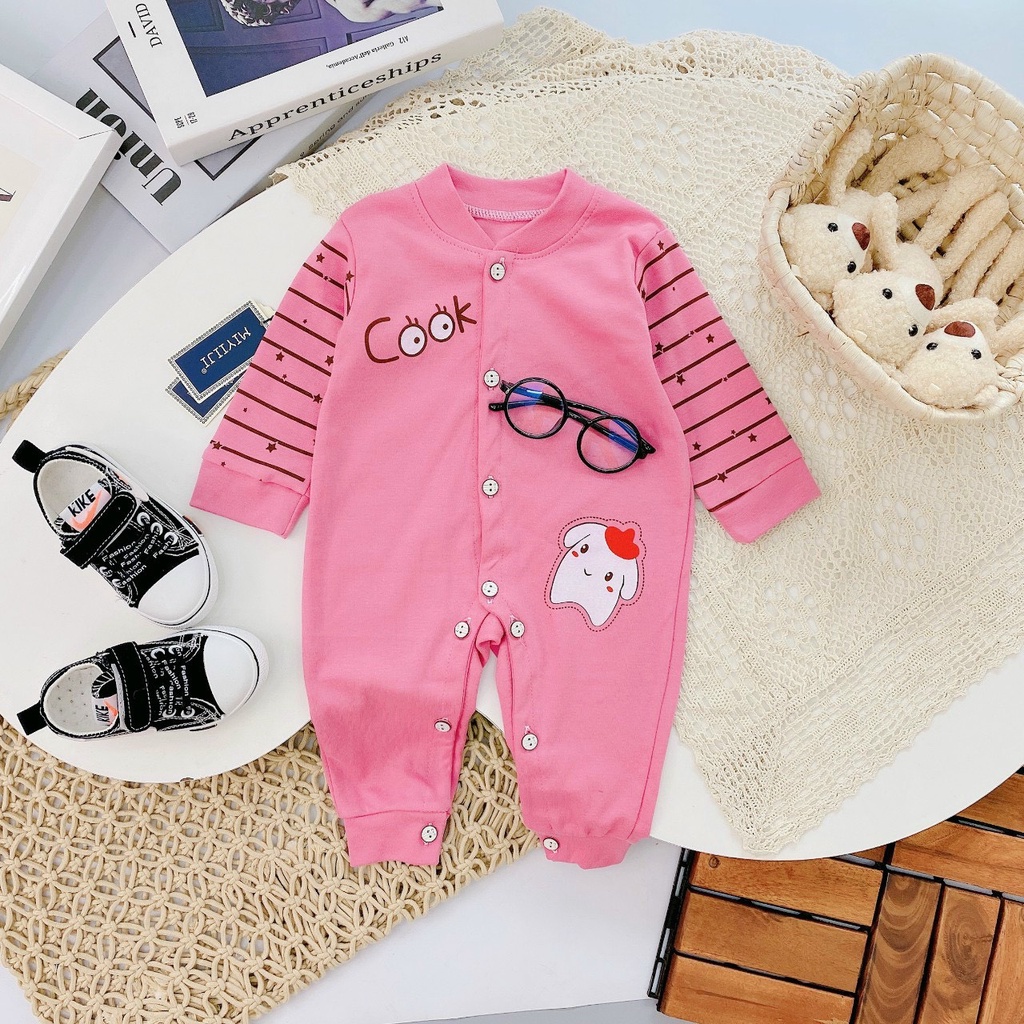 Body dài cotton nỉ cúc giữa in hình Cook cho bé, body dài cho bé sơ sinh