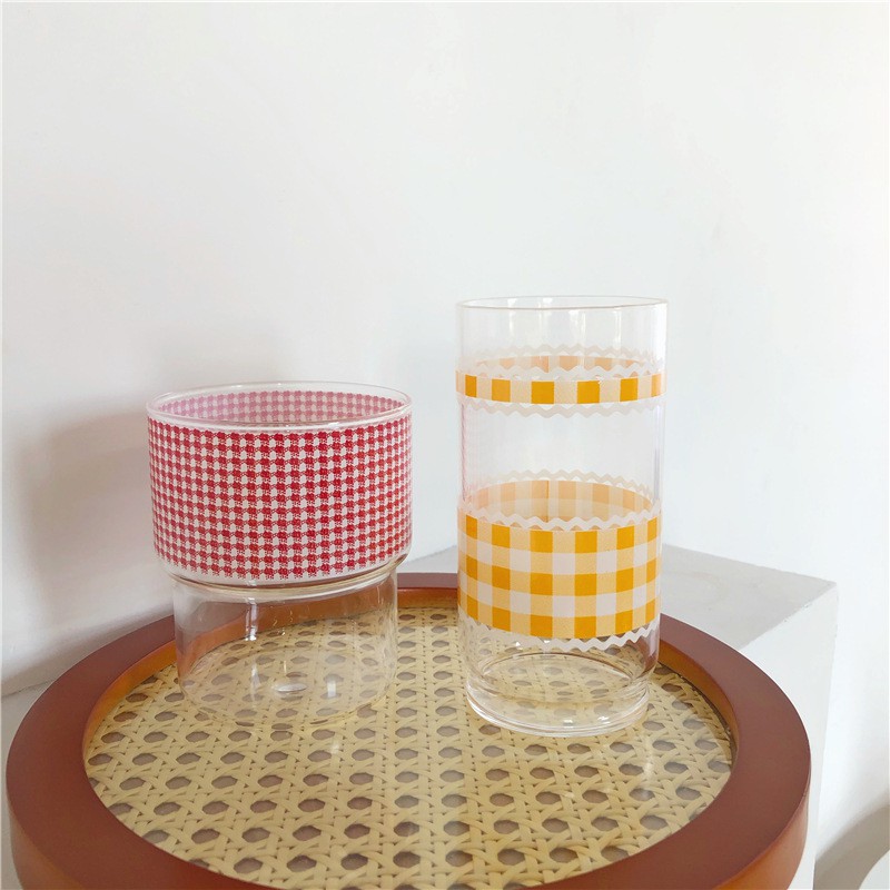 Ly, Cốc Thủy Tinh Họa Tiết Gingham Caro Vàng Vintage Decor Trang Trí