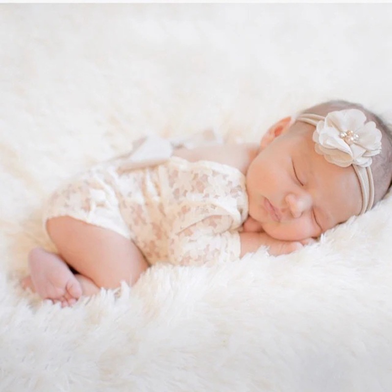 Set Đồ 2 Món Gồm Áo Liền Quần Vải Ren Thắt Nơ Kèm Băng Đô Dành Cho Bé Sơ Sinh Chụp Ảnh